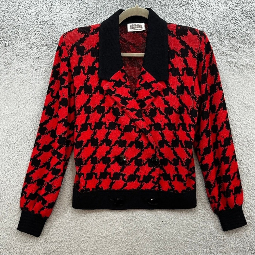 VTG St. John Women's 4 Red Black Houndstooth Knit Cardigan Jacket Shoulder Pads